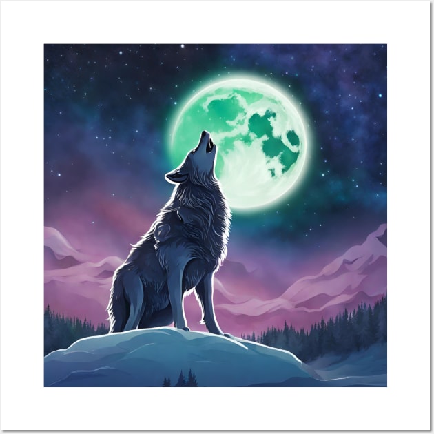 Nature Galaxy Starry Night Full Moon Howling Wolf Wall Art by Tina